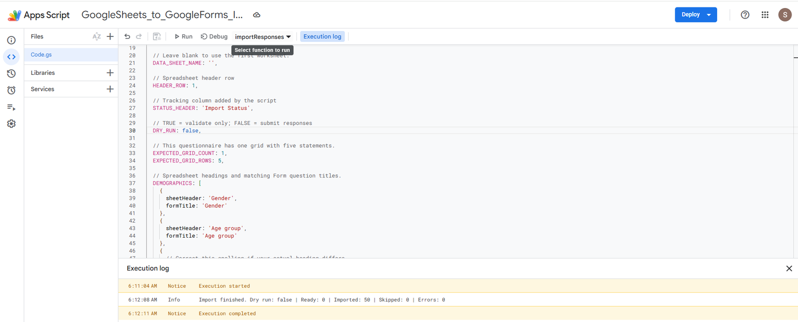Google Sheets to Google Forms Response Importer - Google Apps Script